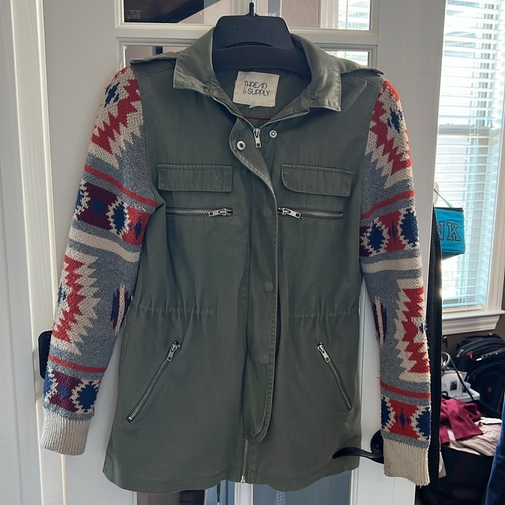 THREAD & SUPPLY Olive Green Hooded Utility Jacket Size XS